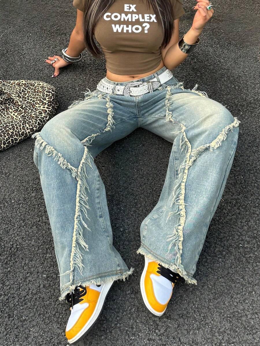 Y2K Retro Fringe Hem Slant Pocket Straight Leg Casual Outdoor Pants - Retro Blue - View 1