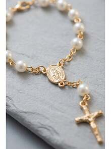 "Cute Faux Pearl Rosary Bracelet With Cross & Virgin Mary Charm - Dainty Religious Spiritual Jewelry For Women Daily Wear" - Pearl - View 11