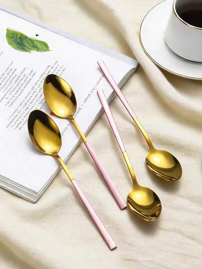 2/4/6pcs Pink Handle Stainless Steel Coffee/Tea Spoons, Mirror Finish, Suitable For Home Gatherings, Parties, Cafes, Bubble Tea And Dessert Shops