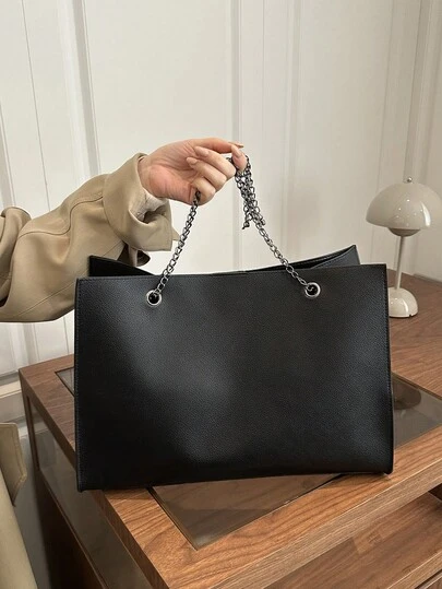 1pc Women's Solid Color Embroidered Soft Fabric Large Capacity Chain Strap Snap Closure Office/School Shoulder Briefcase