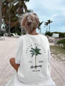 1 pieza de camiseta relajada para mujer - lavable a máquina, camiseta con estampado de árbol de coco, adecuada para viajes y uso vacacional, estilo de verano, ropa de mujer. - Azul claro - Ver 7