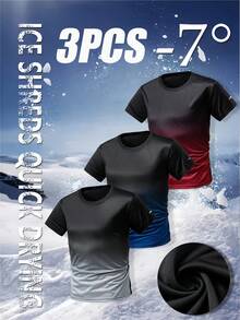 3pcs Men's Summer Quick-Dry T-Shirts, Breathable Perforated Fabric, Stylish Printed Decor, Comfortable Crew Neck Design, Suitable For Casual, Outdoor, Fitness Wear - Multicolor - View 1