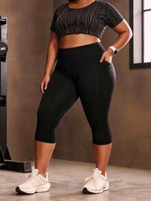 Plus Size Women's Soft High Waist Elastic 7/8 Leggings, Casual Sports Running Tights With Pockets, Suitable For Outdoor, Cycling, Yoga - Black - View 3