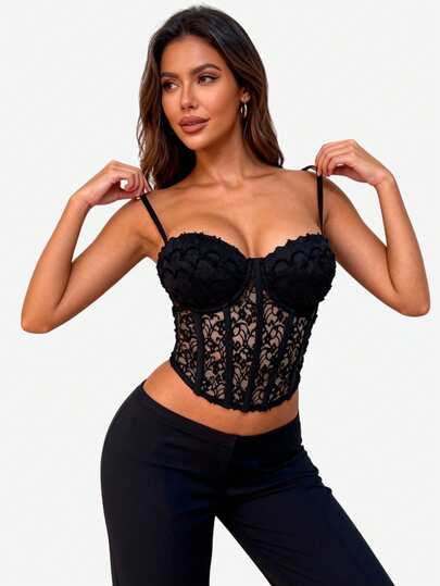 Women's Jacquard Deep V Ribbon Criss-Cross Corset, Tight Fitting Bustier Crop Top For Layering