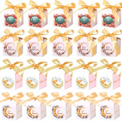 20 adet/paket (1 karton kutu + 1 kurdele = 1 set) Yılbaşı partisi hediye paketleme karton kutusu ve kurdele seti, ay, çiçek, koyun desenli, kendin yap kurabiye, şekerleme, hurma paketleme kutusu