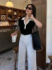 Women's Polo Collar Button Patchwork Hollow Out Fitted Short Sleeve Knit Top, Minimalist Style, Vintage Aesthetic, French Elegance, Lightweight & Cute Summer Fashion Top, Versatile All-Match Piece, High Street Black - Black - View 6