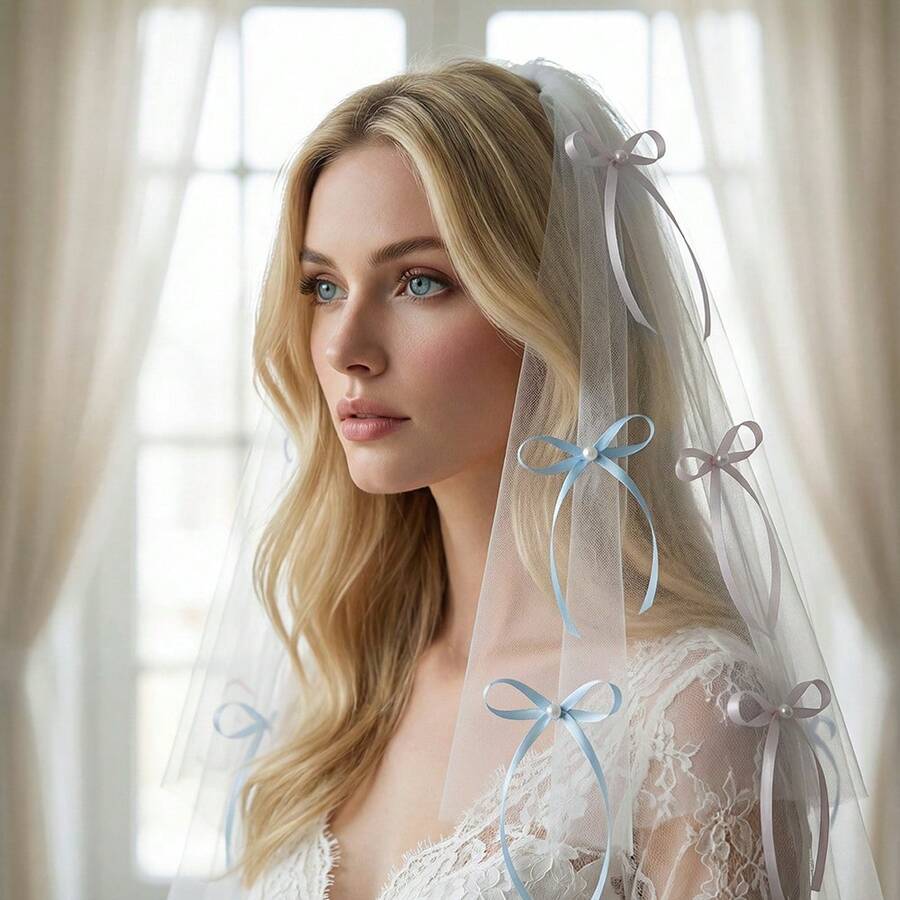 1pc Handmade Elegant Bow Pearl Double-Layer Bridal Headpiece Veil, Wedding, Valentine's Day, Proposal, Photo Prop - Multicolor - View 1