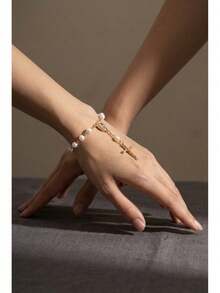 "Cute Faux Pearl Rosary Bracelet With Cross & Virgin Mary Charm - Dainty Religious Spiritual Jewelry For Women Daily Wear" - Pearl - View 9