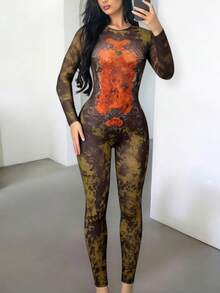 DOUCIU Mesh Fabric Graphic Print High Waist Slim Long Sleeve Jumpsuit Night Club Event Outfit - Orange - View 1