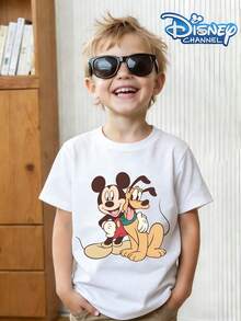 Disney Mickey And Best Friend Pluto Graphic Crew Neck Summer T-Shirt, Suitable For Boys And Girls To Wear For Holiday Parties, Dinners, Outdoor Activities, And Travel. - 白色 - 查看 1