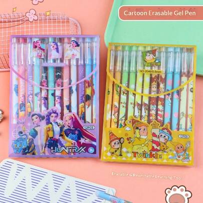12pcs/Box Kpop Demon Hunters Cartoon Witch Girl Group Star Design Erasable Neutral Pens, Thermal Erasable Pens, Student Writing Pens, Back To School Gift
