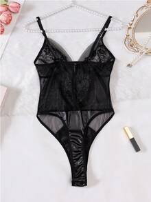 Sexy Lingerie Crotch Detachable Lace Mesh Sheer Rhinestone Jumpsuit - Black - View 7