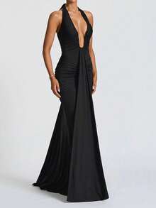 女士优雅复古修身长裙，无袖露背吊带衫，针织面料，高弹力，适合派对穿着，黑色夏季款 - 黑色 - 查看 4