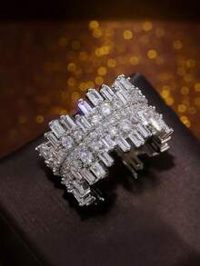 1pc Luxury Geometric Zirconia Encrusted Cocktail Ring, Elegant & Sophisticated Design, Suitable For Women's Wedding, Party, Holiday, Pair With Evening Gown - Silver - View 4
