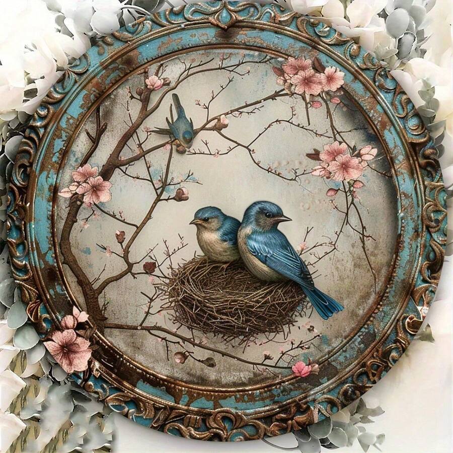1pc Vintage Round Metal Sign With Bird Mother And Baby, Indoor/Outdoor Decor Sign For Home, Cafe, Apartment, Restaurant, Street, Living Room Wall, Holiday Gift Round Wall Decor, Boho Wall Decor, Metal Wall Art, Farmhouse Wall Decor, Circle Wall Decor, Bedroom Wall Decor, Round Mirror, Woven Wall Hanging, Living Room Wall Art, Celestial Wall Decor - 彩色 - 查看 1