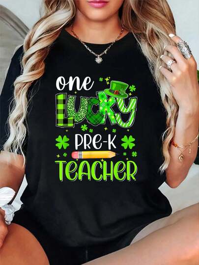 100% Cotton One Lucky Pre-K Teacher Pencil Shamrock St Patricks Day T-Shirt For Men Women Kids Round Neck Short Sleeve Streetwear Fashion Breathable Homme Soft Unisex Designer Clothes