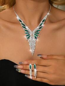 3pcs/4pcs/5pcs/Set Luxury Bridal Full Crystal Jewelry Set, Including Necklace And Earrings, Red,Silver, Green, Black (Multiple Choices) - Silver - View 6