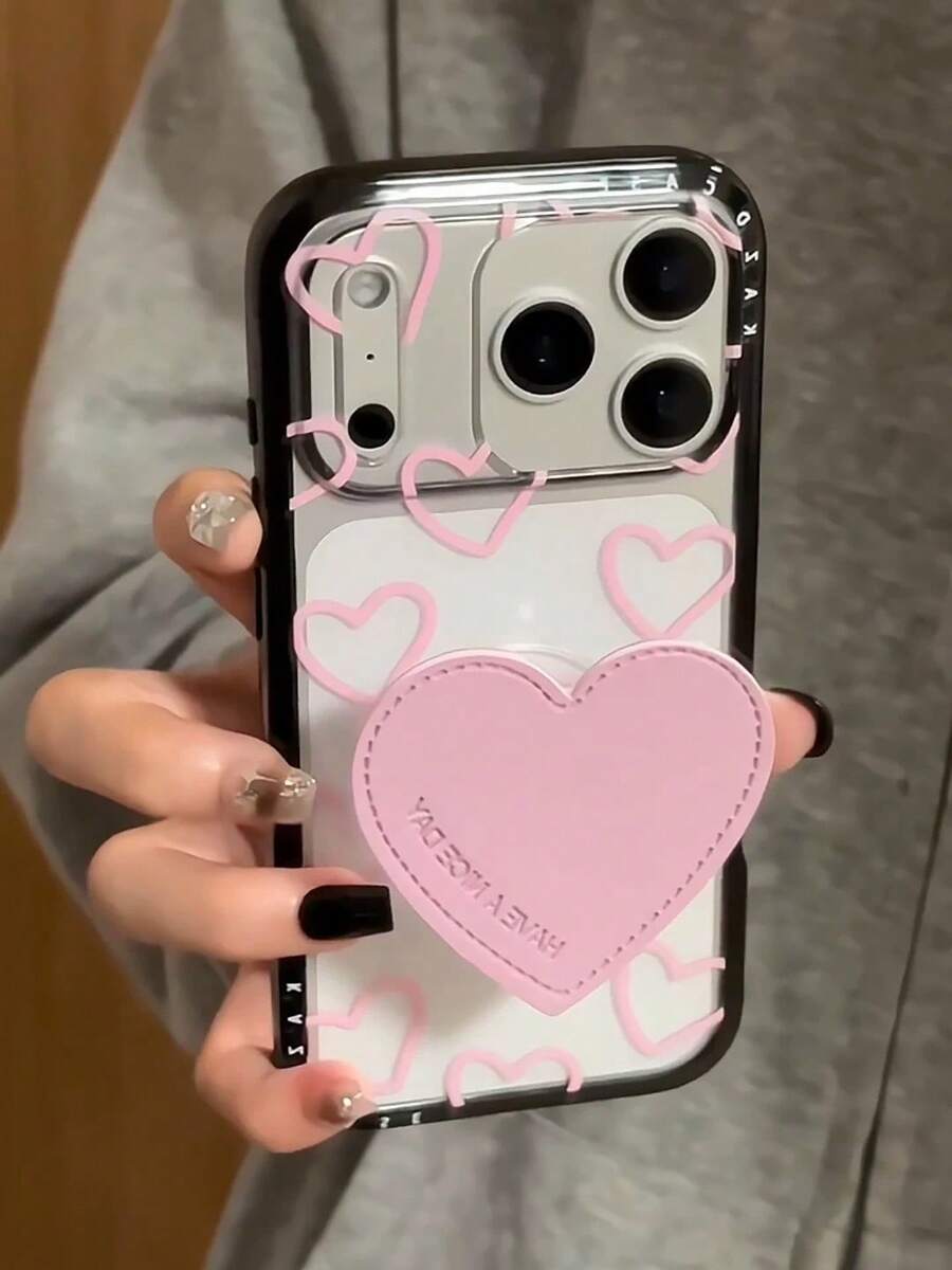 Cute Pink Heart Phone Case Compatible With IPhone 16, 16 Pro, 16 Pro Max, 14, 14 Pro, 14 Pro Max, 13 - Niche Sweet Girl Design With Stand - Pink - View 1
