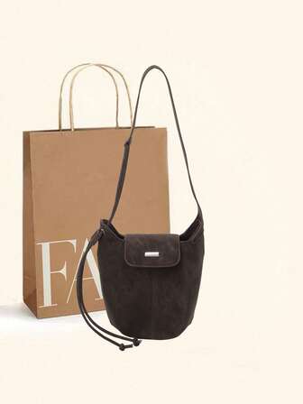 Vintage Coffee Brown Bucket Bag, Mini Crossbody Bag With Zipper Flap Closure, Casual Versatile Shoulder Bag Suitable For Daily Use, Shopping