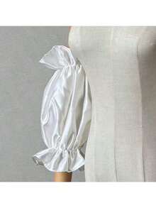 1 双白色短款缎面泡泡袖新娘保暖臂套，带松紧带 - 彩色 - 查看 5