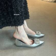 Zapatos de mujer elegantes de estilo francés que aumentan la altura, primavera 2025, punta afilada, hebilla cuadrada de rhinestone, zapatos planos de noche a juego - Plateado - Ver 2