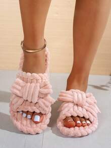 女士优雅蝴蝶结布艺贴花拖鞋，时尚休闲室内鞋，秋冬款 - 粉色 - 查看 11