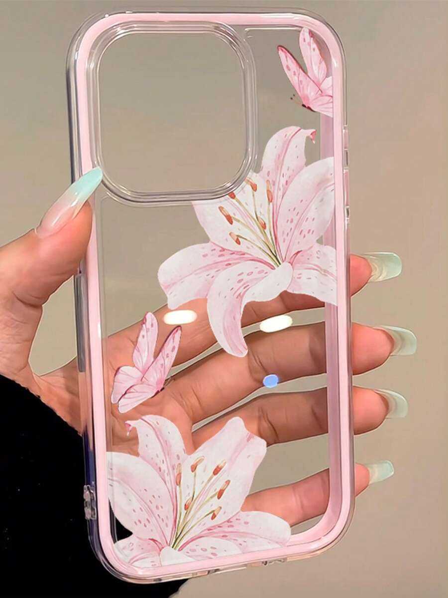 1pc Floral Butterfly Pattern Edged Transparent Full Coverage Shockproof Fashionable Phone Case, Compatible With IPhone 11 12 13 14 15 16 17 Pro Max - Multicolor - View 1