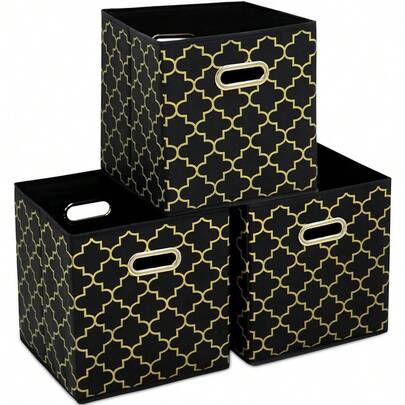 Fabric Storage Bins Cubes, Fabric Cube Organizer With Handle, Foldable Cube Bins For Cloth Or Accessary Storage, 11x11x11, Set Of 3, (Black Gold)
