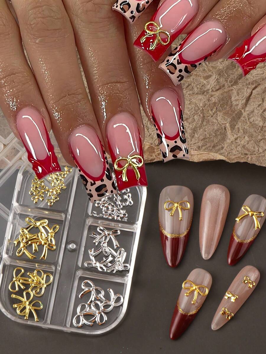 6个/盒 3D蝴蝶结美甲装饰，金属金银镂空公主风蝴蝶结，DIY婚礼/情人节美甲用品，适合居家/美甲沙龙/节日美甲 - 彩色 - 查看 1