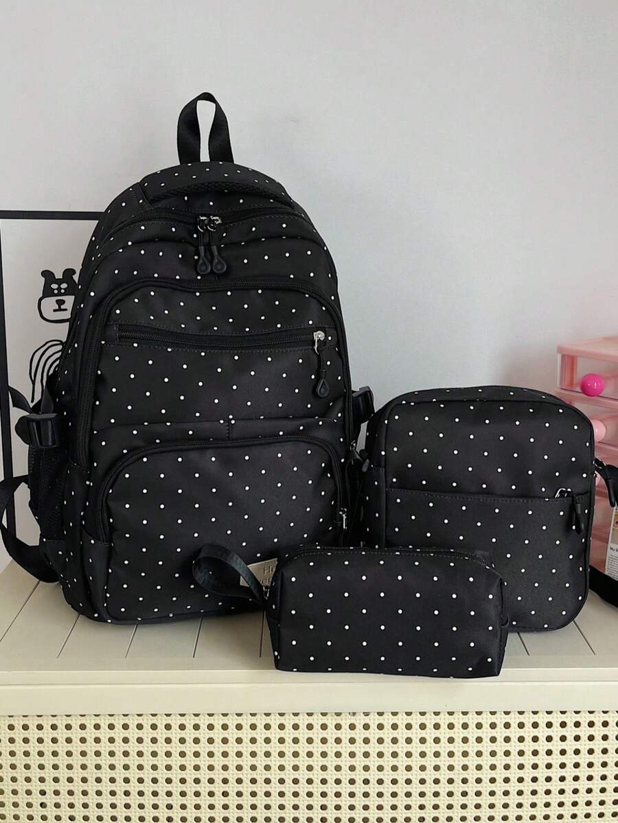3件組尼龍波點印花背包套裝，可折疊多口袋大容量拉鍊背包，適合青少年、高中生、大學生、女性日常使用、通勤、旅行，情人節禮物