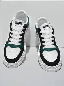 Men's Casual Lace Up Sneakers, White Green Black Skate Shoes With Chunky Sole, Everyday Walking Shoes - Best Gift For Guys, Skateboard Style Footwear - 白綠 - 查看 2