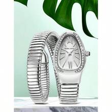 Women's Modern Snake Cuff Bracelet Design Quartz Stainless Steel Watch, Rhinestone Decor Exquisite  Analog Wristwatch, Rhinestone Decorated Fashionable Gold Watches For Women As Gift, Accessories, Jewellery - trắng - Xem 5