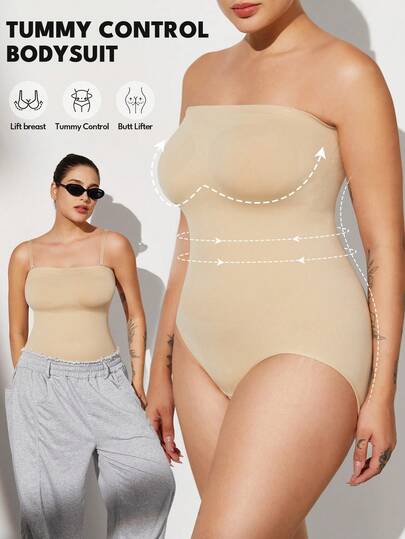 1pc Plus Size Women's Black Seamless Shapewear, With Waist Cincher, Tummy Control, Butt Lifting Function, Flattens Stomach, Body Shaping, Cinched Waist