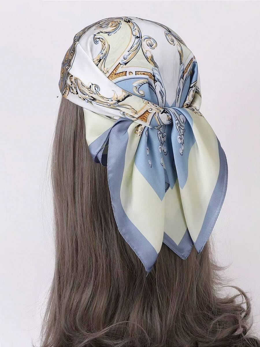 1 chiếc khăn vuông 70cm in họa tiết hoa mùa xuân/hè dành cho nữ, chất liệu giả lụa, khăn choàng giữ ấm cổ đa năng phù hợp sử dụng hàng ngày. - Xanh lam-xanh lục - Xem 1