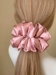 Cherry Blossom Pink Double-Layered Extra-Large Premium Feel Hair Volume Scrunchie Satin Waist Pillow Hair Tie Retro Pleated Lace Cute Back Bun Hairstyle, Scrunchy Hair Ties - Pink - View 3