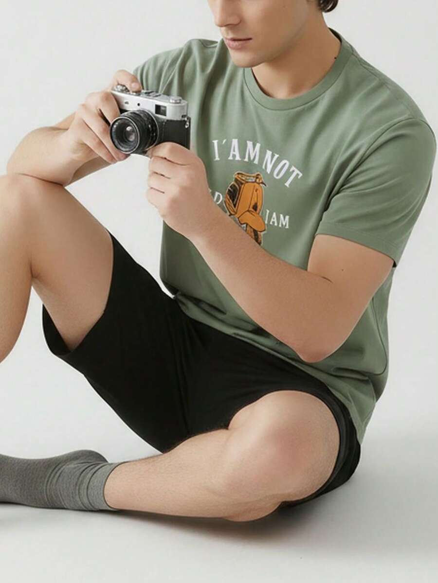 Men's Printed Round Neck Casual Short Sleeve Shorts Pajama Set, Comfortable For Summer - Multicolor - View 1