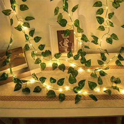 1pc 6.56ft/16.4ft/32.8ft Battery Powered LED Fake Ivy Leaf Garland String Lights, Simulated Vine Foliage Lights For Office, Birthday, Home, Bedroom Decor