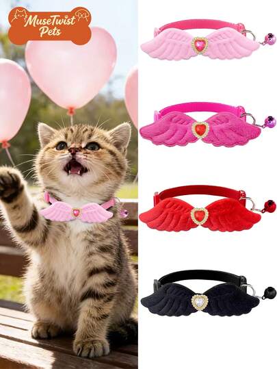 [Angel Wings]4pcs Cat Collars, Wing-Shaped, Adjustable; Dog Bow Collars, Puppy Bow Collars, Heart-Shaped Acrylic Diamond Decorations; Pet Grooming Accessories Suitable For Cats And Dogs.
