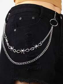 1PC Silver-Tone & Turquoise Waist Chain Pendant: Ornate Alloy Accessory With Oval Turquoise Center & Surrounding Gemstone Details, Functional Keychain Design With Dangle Bell – Western-Boho Statement Piece To Elevate Pants, Jeans & Casual Ensembles – Perfect Valentine's & Ramadan Gift For Him/Her - Silver Sapphire - View 8