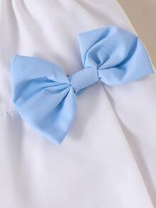 2pcs Young Girls' Forest Style Blue Mesh Patchwork Top And Pleated Bowknot Skirt Set, Summer - White - View 8