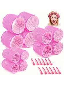 31件套，包含1个透明旅行洗漱包、12个大号卷发棒和18个发夹，自粘式卷发器，适用于长发/中长发/短发和刘海，DIY卷发工具 - 彩色 - 查看 9