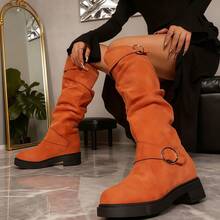 These Versatile Women's Chunky-Heeled Knee-High Boots Feature A Wide Leg And A Bonded Design. The Solid Color And European/American Style Are Accented With A Retro-Inspired Pleated Pointed Toe, Exuding A Fashionable Vibe. - màu cam sáng - Xem 2