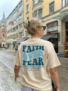 1pcs Plus Size Women's T-Shirt, Printed With "FAITH OVER FEAR" And Bible Verse Designs On The Back, Suitable For Church Services, Religious Activities - 杏子 2 - 查看 5