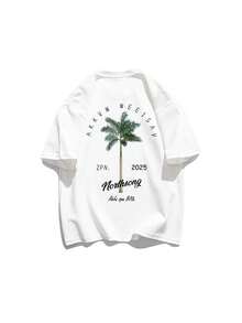 1 pieza de camiseta relajada para mujer - lavable a máquina, camiseta con estampado de árbol de coco, adecuada para viajes y uso vacacional, estilo de verano, ropa de mujer. - Azul claro - Ver 8