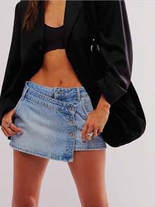 Women's Denim Mini Skirts Summer Fashionable Casual Solid Color Mid Rise Jean Skirt With Pockets - Blue - View 2