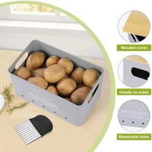 Kitchen Vegetable Storage Set Of 3, Metal Onion Garlic Potato Storage Set, Kitchen Canisters Vegetable Keeper Containers With Aerating Holes And Wooden Lid (Grey) - 灰色 - 查看 4