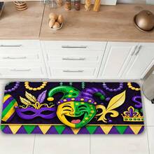 Mardi Gras Kitchen Mat - Colorful Jester Mask & Fleur-De-Lis Pattern, Purple Beads & Triangular Design, Non-Slip Washable Floor Mat For Kitchen Countertop Area, Fits White Tiled Floors - Idea - Multicolor - View 4