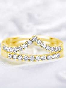 2pcs V-Shaped Simulated Moissanite & One Row Rhinestone Gold Color Ring Set, V-Pattern Band Open Ring For Couples, Everyday Wear For Valentine's Day,Mom,Mother,Mother's Day,Gift - Yellow Gold - View 5