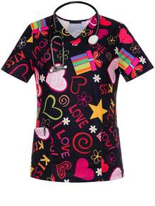 Valentine's Day Fun Love Pattern V Neck Nurse Scrub Top Regular Length Short Sleeve With Convenient Pockets - Multicolor - View 1