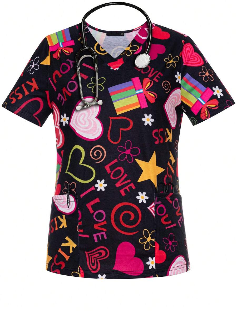 Valentine's Day Fun Love Pattern V Neck Nurse Scrub Top Regular Length Short Sleeve With Convenient Pockets - Multicolor - View 1